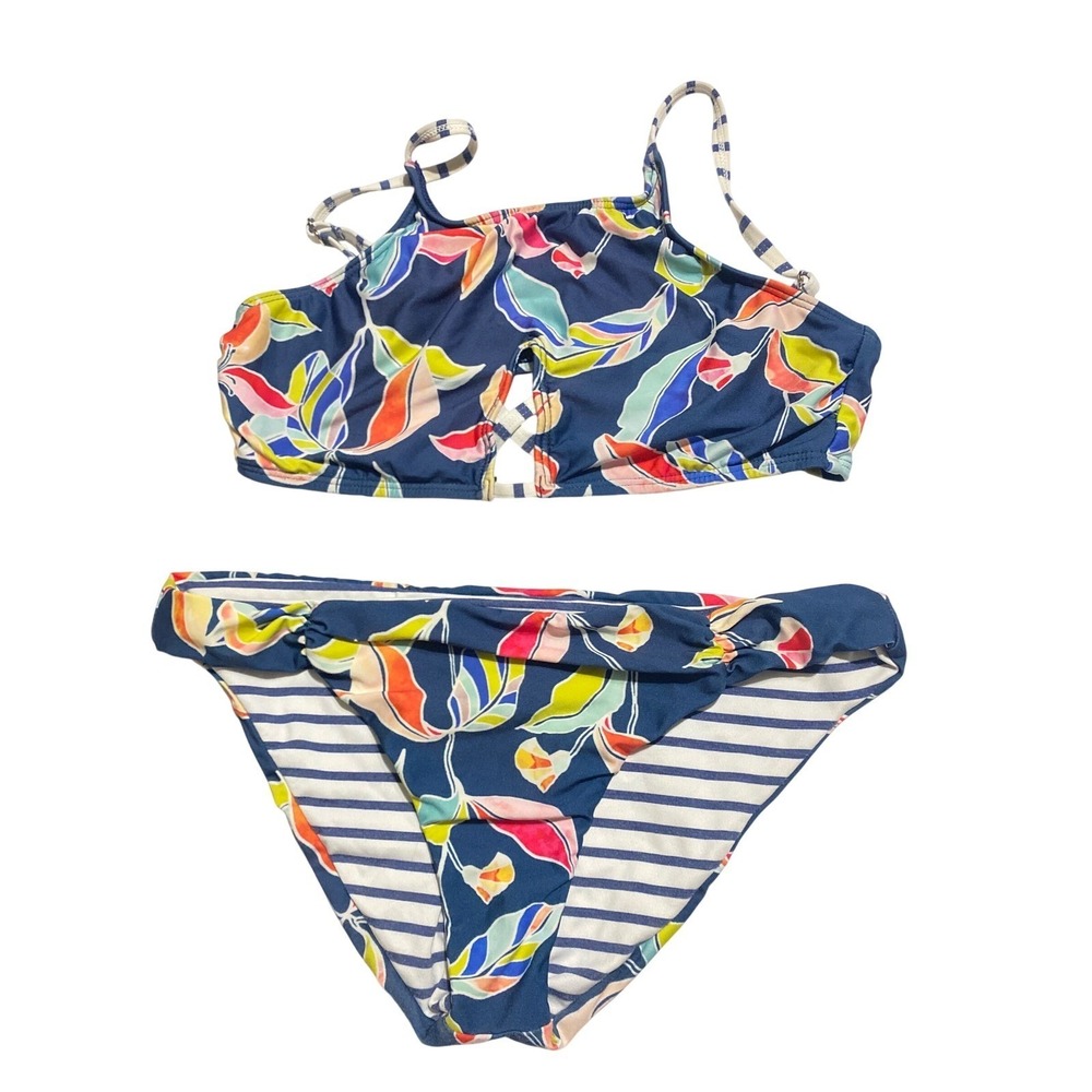 Splendid Women's Navy Floral Peach Green Stripe High Neck Bikini Set Blue M